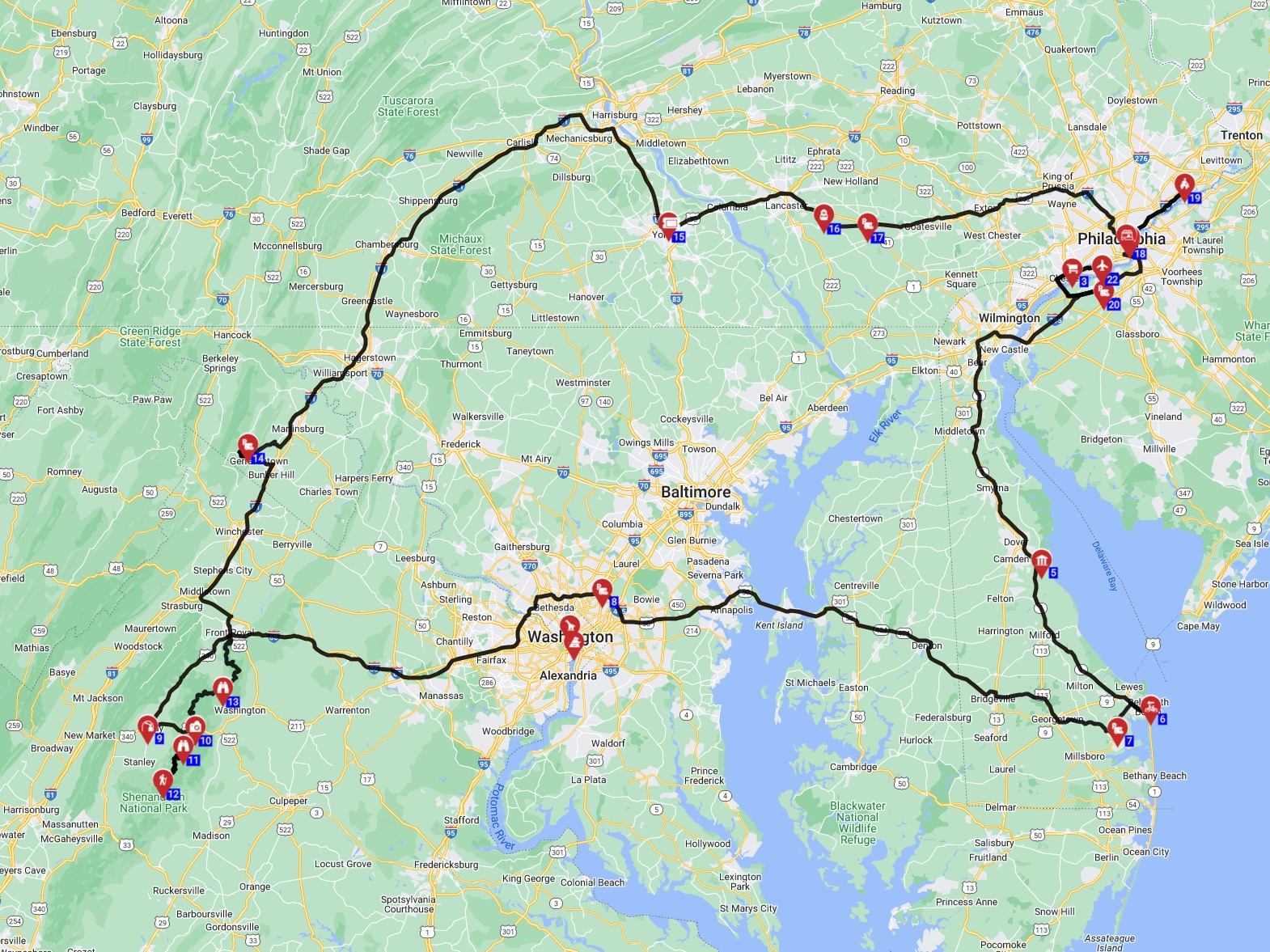 Map for Philadelphia Roundtrip